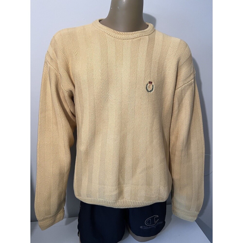 VTG CHAPS‎ Ralph Lauren Hand Framed Cotton Knit Herringbone Sweater 90s Dad - LG